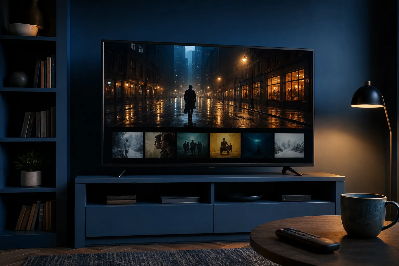 Ein fiktiver Krimi auf einem Fernseher in einer blauen Mediennische